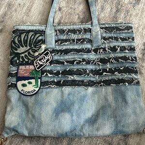 Marc Jacobs Wingman Striped Denim Tote Bag Sequined Tropical Patche